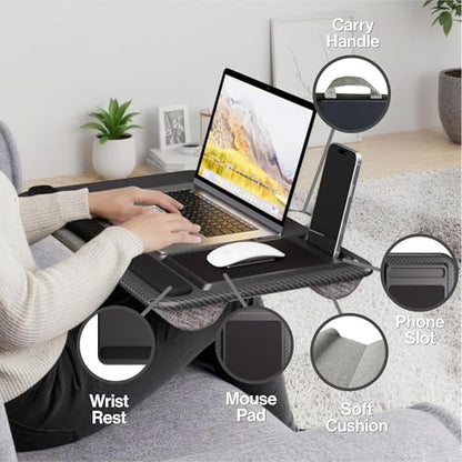 Portable Lap Desk Wood Laptop Tray with Cushion, Lightweight Laptop Stand for Bed Lap Tray with Built-in Mouse Pad, Wrist Rest, Phone Slot, Lap Stand for Sofa and Bed