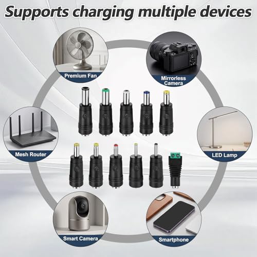 11 Pcs Power Adapter Plug, Universal DC Power Adapter Plug Kit, Connector Tips for Laptop, LED Strip, Router, Camera, AC Charger, 5.5mm x 2.1mm Female Base