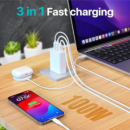 TT&C USB C Charger Block 100W (Total Output), 3-Port GaN PPS Fast Charging Station, Type C Plug Brick Compatible with iPhone 17 16 15 Pro Max, MacBook Air, iPad, Galaxy S26/S25/S24