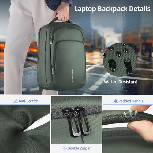 17.3 Inch Laptop Backpack for Men Women, 30L Travel Backpack | Carry-On Flight Approved,Work Computer Backpack with USB A&C Port,Business Laptop Bag,WaterResistant Anti-Theft Daypack - color: Green
