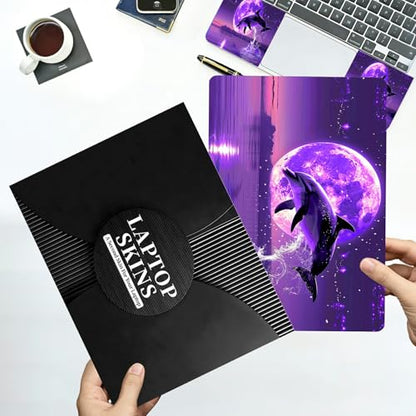 Universal Laptop Skin Sticker with 2 Wrist Pad Decals, 3-Piece Removable Vinyl Laptop Cover, Purple Dolphin Moon Waterproof Anti-Scratch, Easy-Trim Fit for 13.3" 14" 15.6" Laptops - color: Purple Dolphin Moon