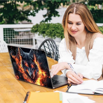 Laptop Skin Sticker Decal, Universal Reusable Vinyl Laptop Cover for 12" 13" 13.3" 14" 15" 15.4" 15.6" Notebook PC, Waterproof Scratch-Resistant with 2 Wrist Pads, Easy to Apply & Remove,Fire Art Wolf - color: Fire Art Wolf