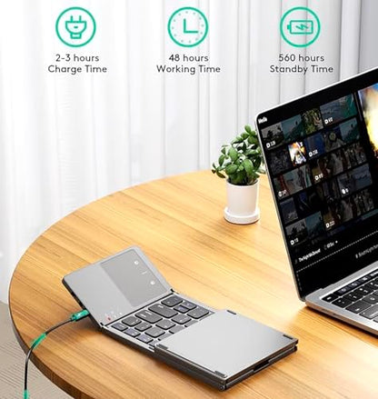 Slim Foldable Wireless Keyboard Compatible with Lenovo ThinkPad 8 64GB with TOUCHPAD Mouse Fully Universal Providing 48H Use, 560 Days Standby, Portable, Compact, Tri-Fold, Rechargeable!