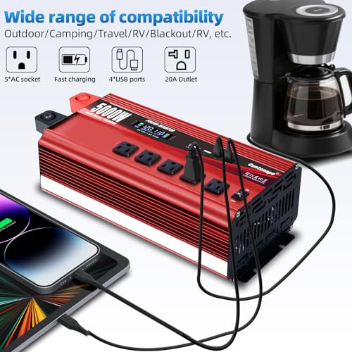 Cantonape 5000W Power Inverter 12V to 110V/120V DC to AC with LCD Display, Remote Controller 5 x AC Outlets and 4 x 3.1A USB Car Adapter for Car Truck Boat RV Solar System - size: 5000W-12V