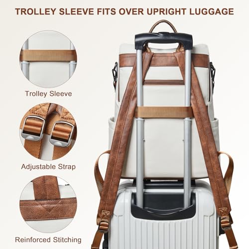 Laptop Backpack for Women 15.6 inch,Travel Leather Backpack Purse Nurse Teacher Carry on Backpack Computer Bag,Professional Water-Resistant College Business Work Casual Daypack,Beige with Brown - color: Beige With Brown