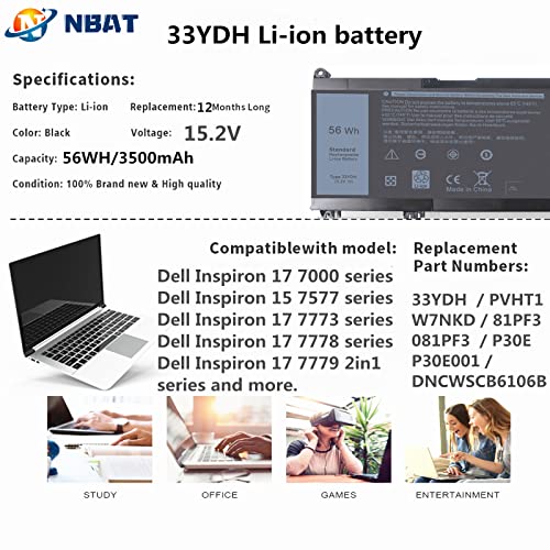 56WH 33YDH Laptop Battery for Dell Inspiron 17 7000 7778 7779 7786 7773 17-7779 2-in-1 15 7577 G3 3579 3779 G5 5587 G7 7588 Latitude 13 3380 14 3490 15 3590 3580 99NF2 81PF3 PVHT1 P30E - size: 33YDH