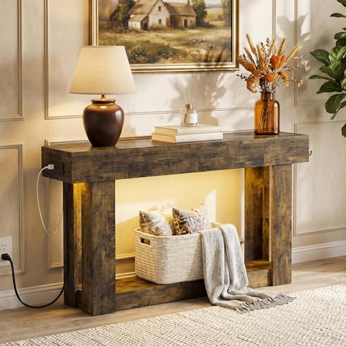 47'' Console Table with 3 Drawers and Open Storage, Entryway Table with Socket, LED Light and Hooks, Narrow Long Wood Sofa Table Behind Couch Table for Living Room, Hallway, Foyer, Brown - size: 47'' IN