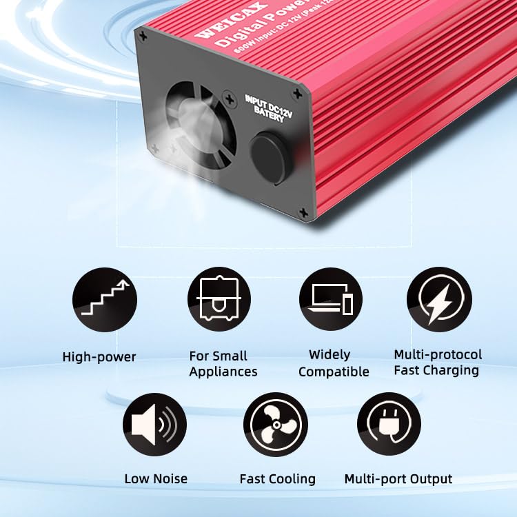 HearGrow 600W Modified Sine Wave Car Power Inverter 12 Volt Power Inverter to 110V Car Charger Converter 4 USB Ports + 3 AC Outlet for Car Appliances, Outdoor Camping, Emergency Backup