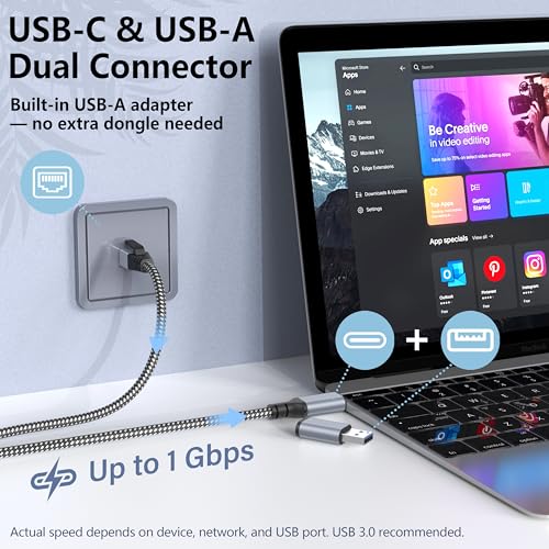 Jadaol USB-C/USB-A to Ethernet Cable 15 ft, Built-in USB-A Adapter, Up to 1Gbps Gigabit RJ45 LAN, Plug & Play for Most Systems, USB 3.0, Nylon Braided, Compatible with Thunderbolt 3/4 Device - size: 15ft