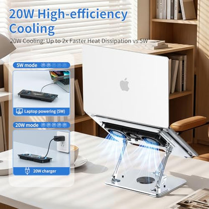 Laptop Cooling Pad with Detachable Fan & Cooler, 2-in-1 Laptop & Phone Stand, Adjustable Angle, 360° Rotatable Base, Carbon Steel, Ultra-Quiet & Super Sturdy for Laptop (Silver Gray) - color: Silver Gray