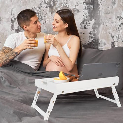 Greenual 2 Pack Bed Tray Table with Handles Folding Legs, Bamboo Breakfast Food Tray with Media Slot, Use As Platter, Laptop Desk, Snack, TV Tray Kitchen Serving Tray(White) - color: White