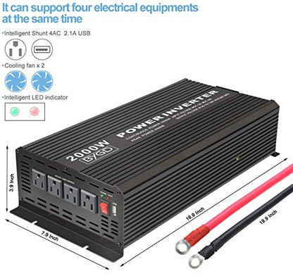 BYGD 2000W Power Inverter 12V DC to 110V AC Inverter Converter with 4 AC Outlets Dual 2.1A USB Ports for Home, RV, Boat, Truck, Off-Grid Solar System - size: 2000W