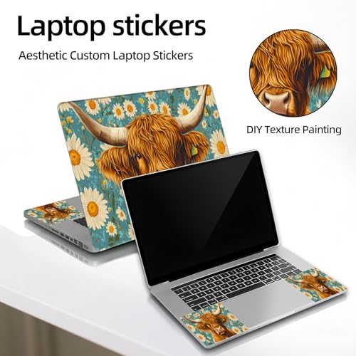 Universal Laptop Skin Sticker Decal, 12"-15.6" Aesthetic Vinyl Wrap, Highland Cow Daisies Teal Waterproof Notebook Cover Art Protector for MacBook HP Dell Lenovo, Fits 13" 14" 15" 15.6" - color: Highland Cow Daisies Teal