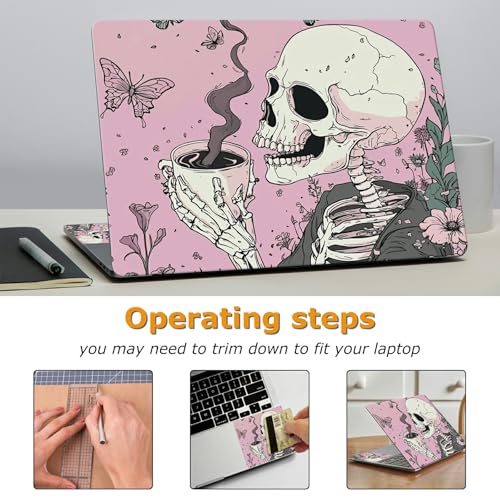 Universal Laptop Skin Sticker with 2 Wrist Pad Decals, 3-Piece Removable Vinyl Laptop Cover, Pink Skull Coffee Waterproof Anti-Scratch, Easy-Trim Fit for 13.3" 14" 15.6" Laptops - color: Pink Skull Coffee