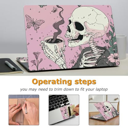Universal Laptop Skin Sticker with 2 Wrist Pad Decals, 3-Piece Removable Vinyl Laptop Cover, Pink Skull Coffee Waterproof Anti-Scratch, Easy-Trim Fit for 13.3" 14" 15.6" Laptops - color: Pink Skull Coffee