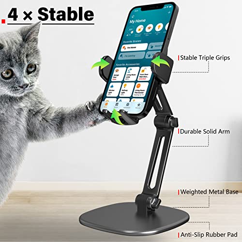 APPS2Car Phone Stand for Desk, Adjustable Cell Phone Holder for Office | Triple-Clamp Phone Holder, Height-Adjustable Folding Arm, 360° Rotation, Anti-Slip Base, Fits Cases up to 20mm