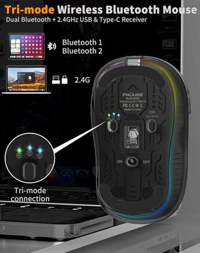 Bluetooth Wireless Mouse, Transparent RGB Tri-Modes Mouse,Bluetooth & 2.4GHz for Multi Device, USB-C Receiver Ideal for MacBook/Laptops, Rechargeable, Silent, Portable, Cool LED, Ergonomic - Black - color: Black
