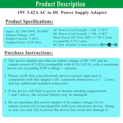 19V 3.42A DC Power Supply Adapter, 19 Volt Laptop Charger AC 100-240V 50-60hz, Compatible for 19Vdc Gateway Toshiba Acer Lenovo Asus Samsung Laptop JBL Speaker LG LCD Monitor.