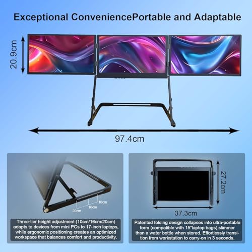 14'' Triple Portable Monitor Laptop Screen Extender | 1920x1200 IPS Foldable 3-Screen Extender, Quad Screen Monitor Workstation for 13-17 Inch Laptop, USB-C & Mini H/D Interface - size: 14 Inch