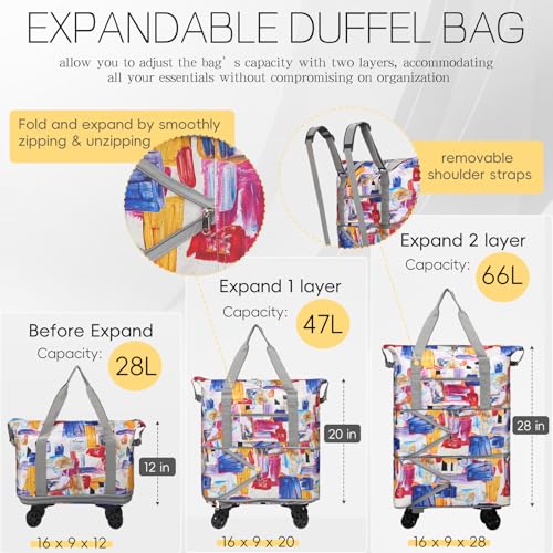 VOOWO Duffel Bag with Wheels - Rolling Foldable Expandable Duffle Bag with Wheels for Travel, Rolling Luggage Carry On Bag with Wheels, Large Rolling Backpack Weekend Bags for Men Women (Gray) - color: Geometry
