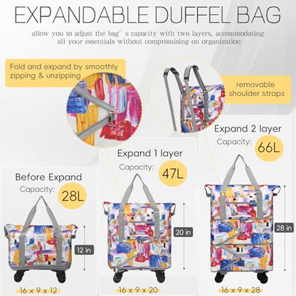 VOOWO Duffel Bag with Wheels - Rolling Foldable Expandable Duffle Bag with Wheels for Travel, Rolling Luggage Carry On Bag with Wheels, Large Rolling Backpack Weekend Bags for Men Women (Gray) - color: Geometry