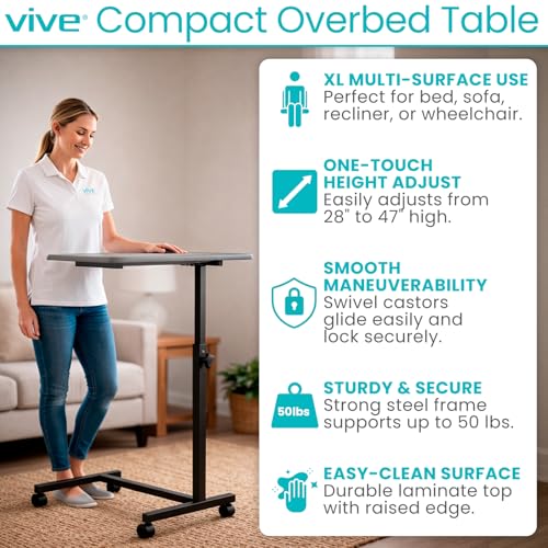 Vive Overbed Hospital Bed Table for Home Use - Adjustable Swivel Wheels | Tray for Over Bed - for Medical Bedside Chair - Adjustable Height, Tilt Top for Reading, Laptop, Bedridden, Elderly, Seniors - style: Compact