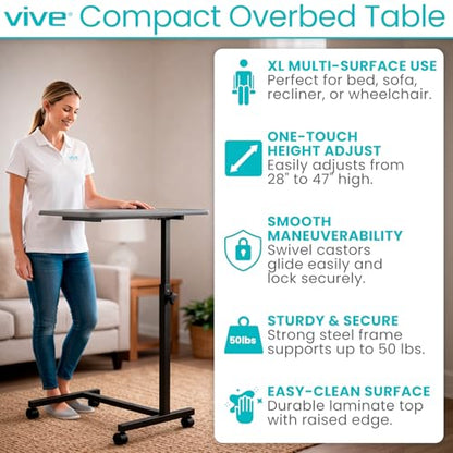 Vive Overbed Hospital Bed Table for Home Use - Adjustable Swivel Wheels | Tray for Over Bed - for Medical Bedside Chair - Adjustable Height, Tilt Top for Reading, Laptop, Bedridden, Elderly, Seniors - style: Compact