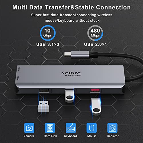 USB C Adapter HDMI Hub for MacBook Pro, Laptop Docking Station, 7 in 1 USB C Docking Station to Dual HDMI Displayport with 3 * 10Gbps USB Port, 100W PD Charging - color: Silver Grey