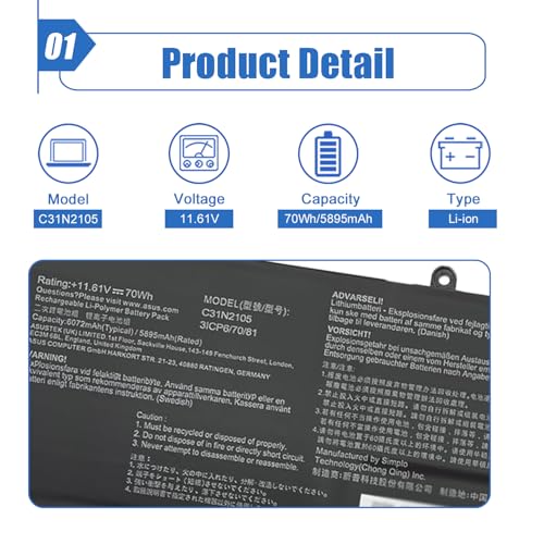 70Wh C31N2105 Laptop Battery Replacement for ASUS VivoBook 14X OLED X1403ZA VivoBook S 16X M5602QA S5602ZA S1503QA S3502ZA S5402ZA S5602ZA K6602HE M6500QF F1603ZA Series 0B200-04140000 11.61V 5895mAh - size: 11.25*3.33*0.23 inch C31N2105