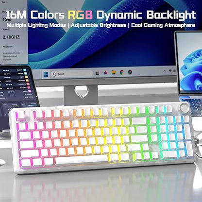 Aula F99 Pro Wireless Silent Mechanical Keyboard with Knob,Tri-Mode 2.4GHz/BT5.0/USB-C Hot Swappable,Pre-lubed Linear Switches RGB Backlit,Gasket Mounted,White PC Gaming Keyboard for Win/Mac - color: White