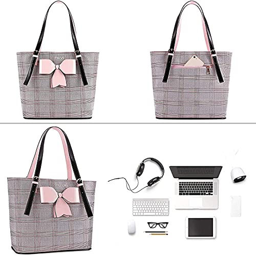 MOSISO Laptop Tote Bag for Women, 15-16 inch Large Tote Bag Compatible with MacBook Air 15 inch/Pro 16 inch, HP Dell Acer Asus, PU Leather Large Capacity Work Tote Bags with Bowknot Grid MO-GID001GYPK