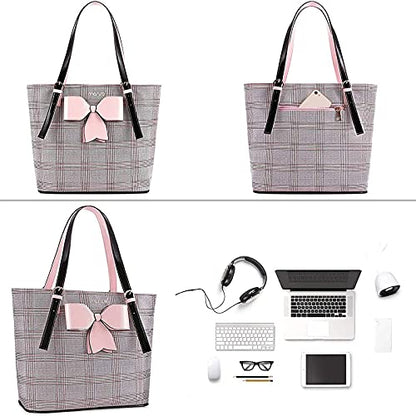 MOSISO Laptop Tote Bag for Women, 15-16 inch Large Tote Bag Compatible with MacBook Air 15 inch/Pro 16 inch, HP Dell Acer Asus, PU Leather Large Capacity Work Tote Bags with Bowknot Grid MO-GID001GYPK