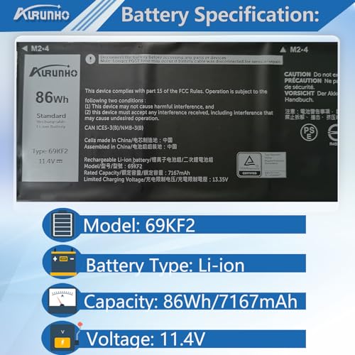 69KF2 Laptop Battery Replacement for Dell XPS 15 9500 9510 9520 Alienware M15 (R3 R4 R5 R6 R7) M16 R1, M17(R3 R4) G7 7500 G15 5510 5511 5515 5520 5521 Precision 5550 5560 5570 Inspiron 7510 7610