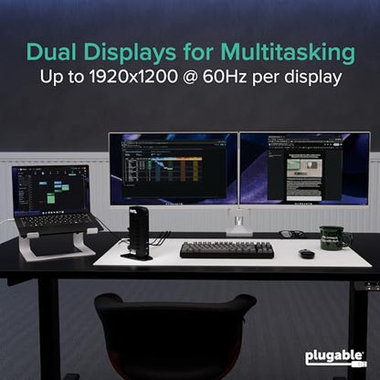 Plugable Dual 1080p HDMI Universal Docking Station for USB-C & USB 3.0 Laptop, 10 Ports, Windows/ChromeOS Plug & Play, macOS Driver Required (UD-3900Z) - size: 7.5" × 2.8" × 5.3