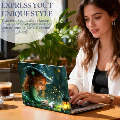 Universal Laptop Skin Sticker Decal,15.6 Inch Laptop Vinyl Cover for 13" 14" 15.6" Laptop,Scratch-Resistant Waterproof Protector Wrap,Reusable with Wrist Pads,Witch Girl Magic Book - color: Witch Girl Magic Book