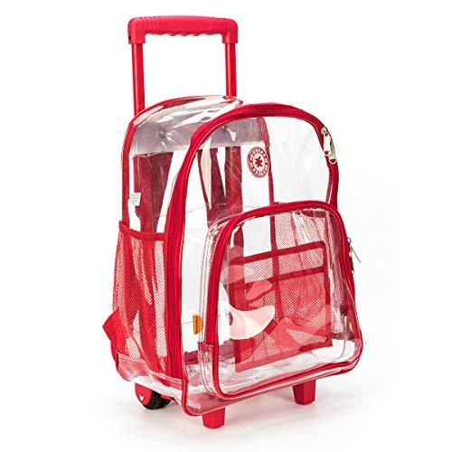 K-Cliffs Rolling Clear Backpack Heavy Duty Bookbag Quality See Through Workbag Travel Daypack Transparent School Book Bags w/Wheels Red - color: Red Trim