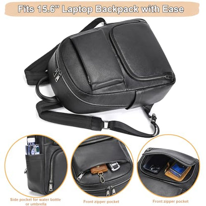 Genuine Leather 15.6 Inch Laptop Backpack for Men, Multi Pocket Casual Daypack Shoulder Bag for Business Travel Outdoor, Black - color: Black