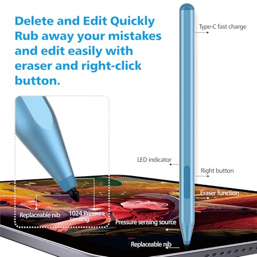 Stylus Pen for Microsoft Surface Pro12/11/10/9/8/X/7+/6/5/4/3, Surface Go 4/3/2/1, Surface Laptop1-5/Studio/Book 3/2/1 with Eraser Side Button,Palm Rejection,Tilt Function,1024 Pressure - color: Blue