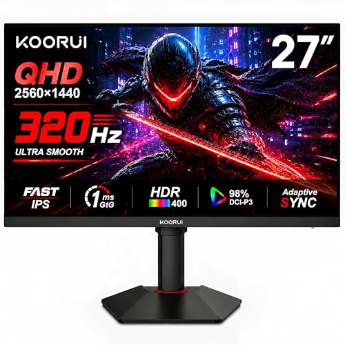 KOORUI 27 Inch 320Hz 1440p Gaming Monitor, Fast IPS, 1ms, HDR400 | 98% DCI-P3 color, Adaptive Sync, PIP/PBP and an adjustable stand for esports, streaming, multitasking and creative work - size: 27"/QHD/320Hz/IPS