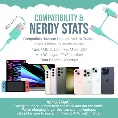Smartish USB-C/Lightning Cable 17/16/16e/15/14 - Crown Joule - 6Foot Universal Fast Fabric Wrapped Charging Cable w/Micro-USB - MFi Certified 13/12/SE/iPad/AirPods/Android - Green - color: Teal Me More, size: USB to USB-C/Lightning/Micro