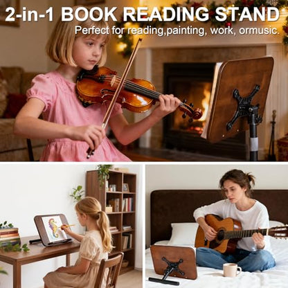 2 in 1 Dual-use Music Stand & Desktop Book Stand, Adjustable Height 16.5"-51", 100% Solid Wood Laptop Floor Stand Book Holder with Elastic Page Clips for Cookbooks (Black Walnut with Tray) - color: Black Walnut With Tray
