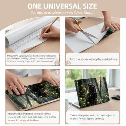 Universal Laptop Skin Sticker for 12/13/14/15.6 Inch Laptops, Reusable Vinyl Laptop Decal Cover, Waterproof Scratch Resistant Notebook Skin with 2 Wrist Pads,Firefly Forest Cat - color: Firefly Forest Cat