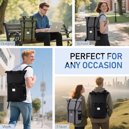 Kasqo Rolltop Backpack, Water-Resistant Backpack with Laptop Compartment for 15.6 Inch Computer Men Women 26L-33L Daypack - color: Light Grey