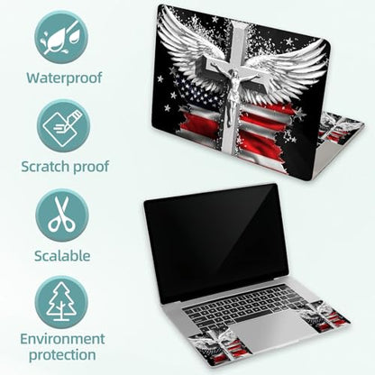 Universal Laptop Skin Decal, 3-Piece Vinyl Protector for 12 13 14 15.6" Notebook, Waterproof Anti-Scratch, Easy Trim & Bubble-Free Finish, Cross with Wings and an American Flag - color: Cross with Wings and an American Flag