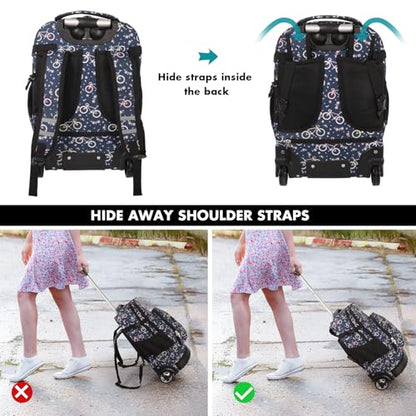 Tilami Rolling Backpack for Kids 19 inch with Lunch Bag Wheeled Laptop Backpack,Bicycle - color: Bicycle