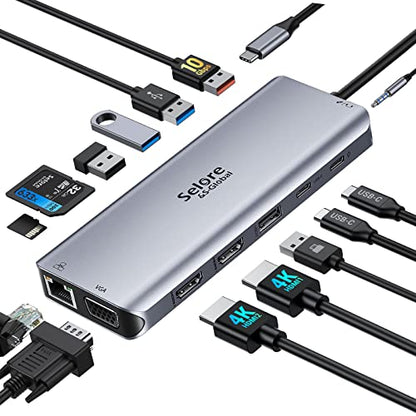 USB C Docking Station Dual Monitor, 14-in-1 Triple Display Dual 4K HDMI & VGA, 10Gbps Data Transfer, 100W PD, Gigabit Ethernet, SD/microSD Card Reader, Audio - USB-C Hub for Dell HP Lenovo MacBook