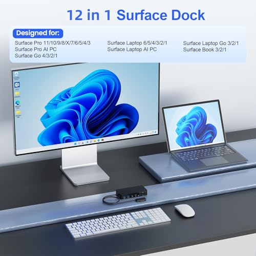 2026 New Surface Dock Triple Displays 4K HDMI+DP+Thunderbolt 4, 12 in 1 Surface Pro Docking Station with 120W Power Adapter for Surface Pro 11/10/9/8/X/7/6/5/4/3, Surface Laptop, Surface Book Go