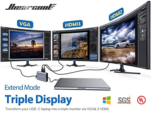 Hiearcool USB-C Docking Station for Laptop, Triple Display Dock with 4K HDMI & 1080p VGA, 11-in-1 USB-C Dock with Ethernet, 100W Charging for Home Office - color: Space Grey
