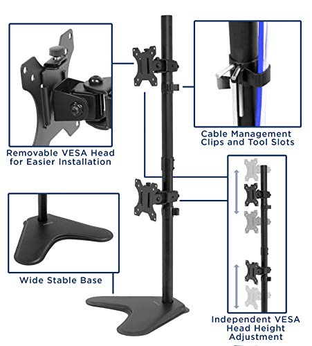 Mount-It! Vertical Dual Monitor Stand, Freestanding Stacked Monitor Mount for 2 Screens 17–32", Height Adjustable, Tilt Swivel Rotate, Portrait or Landscape, Holds 17.6 lbs per Arm, No Desk Clamp Needed