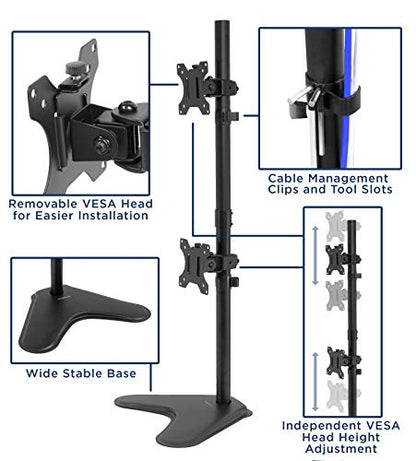 Mount-It! Vertical Dual Monitor Stand, Freestanding Stacked Monitor Mount for 2 Screens 17–32", Height Adjustable, Tilt Swivel Rotate, Portrait or Landscape, Holds 17.6 lbs per Arm, No Desk Clamp Needed